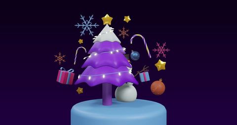 Festive Purple Christmas Tree with Ornaments and Lights Decoration