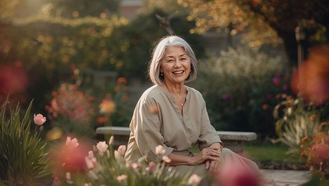 Senior asian woman smiling on stone bench in lush tulip garden at golden hour