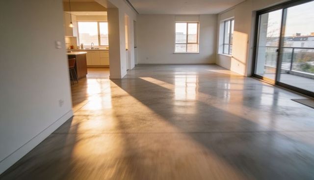 Open living area catching golden sunlight on polished concrete floor with balcony view