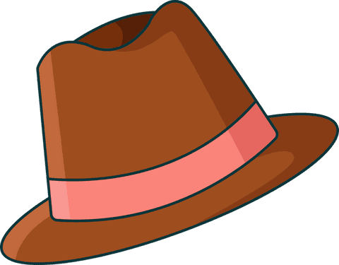 Minimalist brown fedora hat with pastel pink band on transparent background