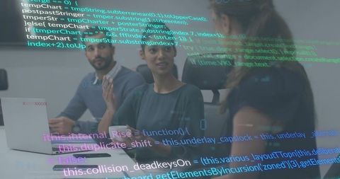 Female developer leading code review explaining software logic and team collaboration