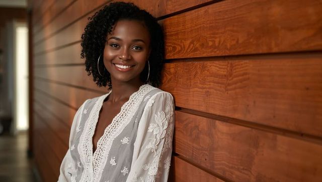 Elegant young woman with curly hair leaning on wooden wall
