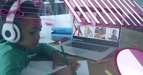Online learning with interactive digital interface for young boy