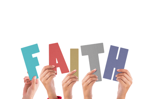 Hands Holding Colorful Transparent Letters Forming Faith