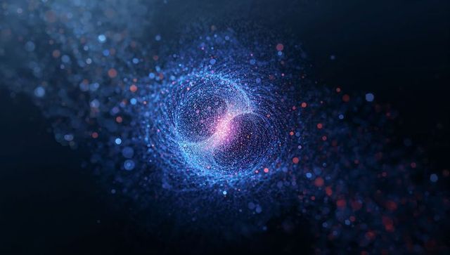 Rotating dual vortex of glowing particles with pink core and blue halo in cosmic swirl