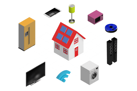 Digital smart home network with connected devices on transparent background