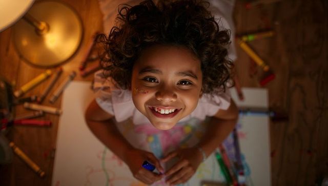 Curly-haired child smiling drawing with markers under warm lamp top-down cozy moment
