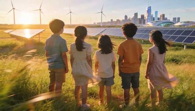Children gazing at renewable future with solar panels, wind turbines and city skyline at sunset