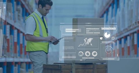 Warehouse worker using tablet with augmented reality overlay for inventory management
