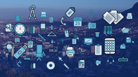 Animated Digital Icons Overlay Cityscape for Business Technology