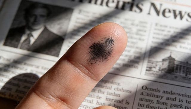 Fingertip leaving black ink fingerprint smudge on newspaper closeup macro forensic detail