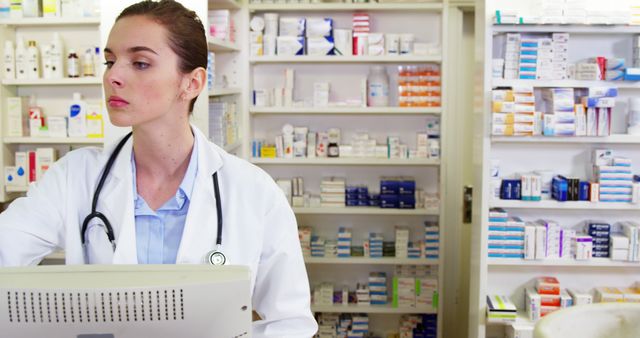 Pharmacist making prescription record on computer in pharmacy