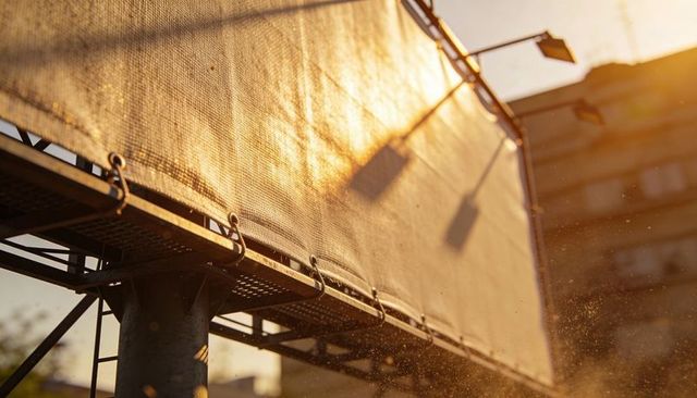 Golden-hour backlit billboard fabric revealing grommets and rooftop catwalk