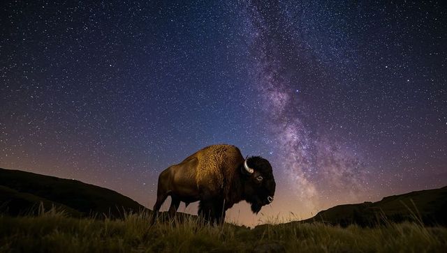 American bison standing beneath Milky Way on starry prairie night sky, dramatic wildlife