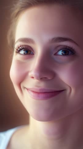 Vertical closeup of Hispanic woman blinking and smiling in warm soft light, expressing calm