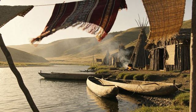 Sunlit riverside village with carved dugout canoes, woven rugs fluttering and smoke rising