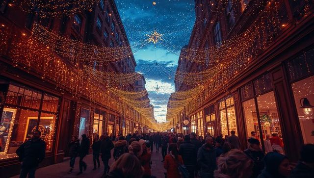 Winter Night Shopping: Crowded Street Under Festive Golden Lights