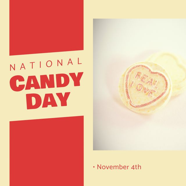 Composition of national candy day text over heart candy with real love text. National candy day and celebration concept digitally generated image.