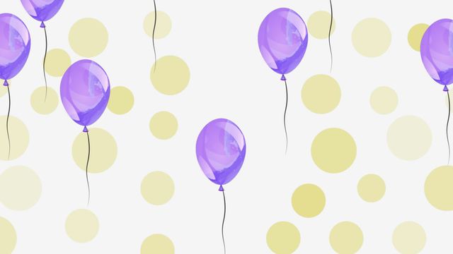 An animated visual depiction of floating purple balloons set against a playful polka dot background with yellow dots. Ideal for celebratory invitations, birthday party backdrops, festive decorations, and children's event posters. Bright and cheerful design suitable for various celebratory and festive purposes.