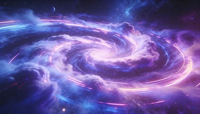 Spiraling galactic vortex emitting neon rings and glowing nebula filaments in outer space