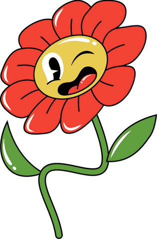 Whimsical cartoon red flower expression on transparent background