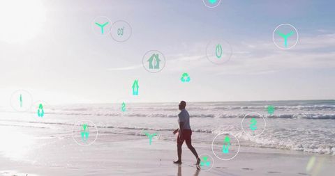 Man Walking Beach with Environmental Icons