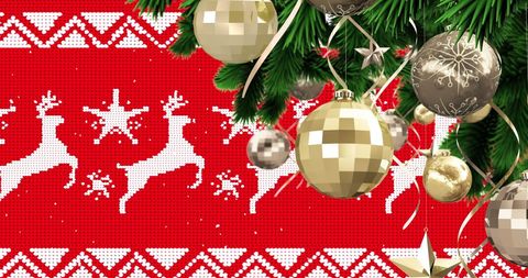 Festive Gold Baubles and Reindeer on Red Christmas Pattern Background
