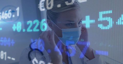 Healthcare professional amid digital financial overlay