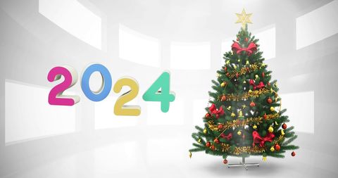 Festive 2024 celebration with decorated christmas tree