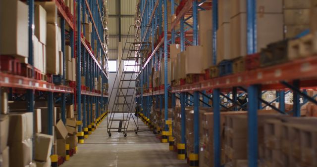 Empty warehouse with multiple boxes on shelfs with ladder on floor. global business, shipping and delivery.