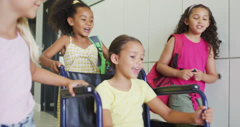 Inclusive School Experience: Diverse Friends Supporting Wheelchair User