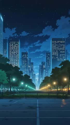 Vertical Night City Promenade Opening Shot with Illuminated Pathway and Distant Skyline