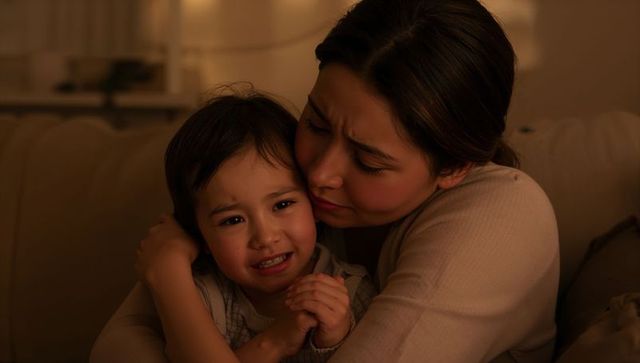 Evening comfort embrace: mother holding tearful toddler on couch warm intimate moment