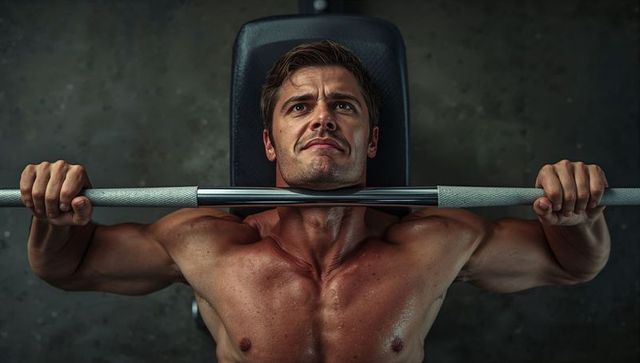 Shirtless Muscular Man Pressing Heavy Barbell During Intense Bench Press