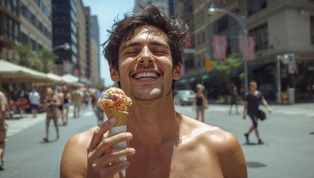 Smiling shirtless man enjoying waffle ice cream cone on sunny urban street with cafes