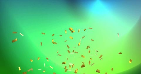 Floating gold confetti over vibrant green gradient with stage spotlight and lens flare