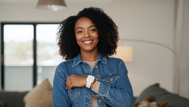 Smiling Woman Adjusts Smartwatch in Modern Living Room