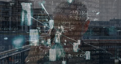 Businessman Analyzing Data with Mathematical Equations Overlay