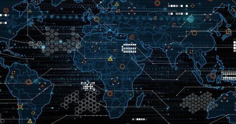 Futuristic World Map with Digital Network Overlay