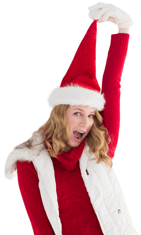 Festive Woman in Santa Hat Cheering, Transparent Background