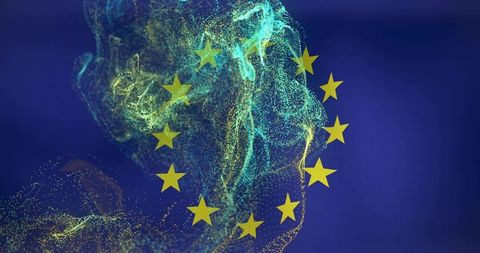 Glowing european union emblem showing dynamic teal-gold particle cloud on deep blue backdrop