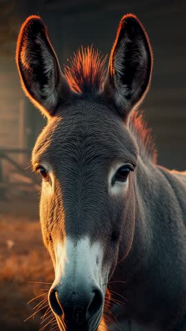 Donkey Tilting Head and Twitching Ears Backlit by Golden Hour Rimlight Vertical Video