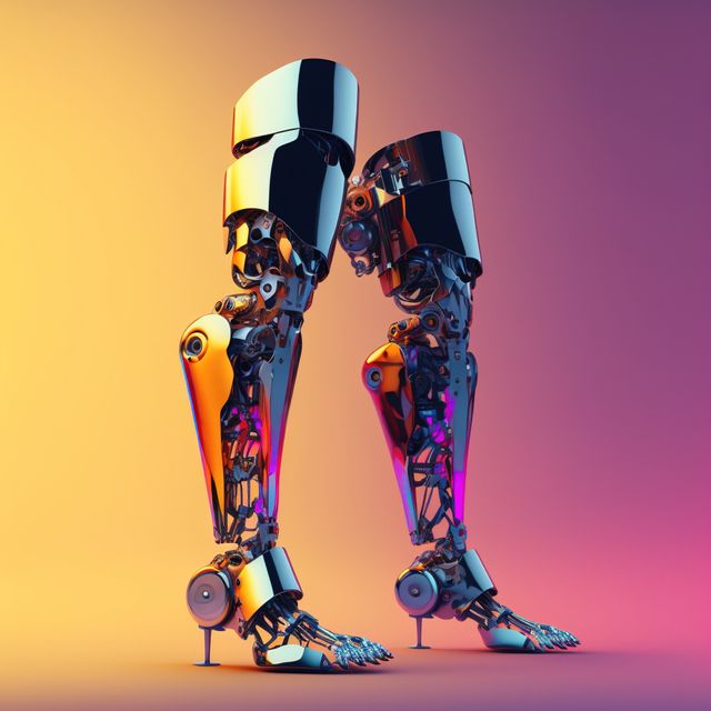 Image of cyber prosthetic of legs on orange background, created using generative ai technology. Cyber, prosthetics and future concept, digitally generated image.