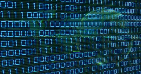 Glowing Binary Matrix Overlapping Translucent Earth Globe for Cybersecurity and Data