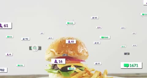 Burger and Fries Showing Social Engagement Animation with Floating Badges and Click Rings