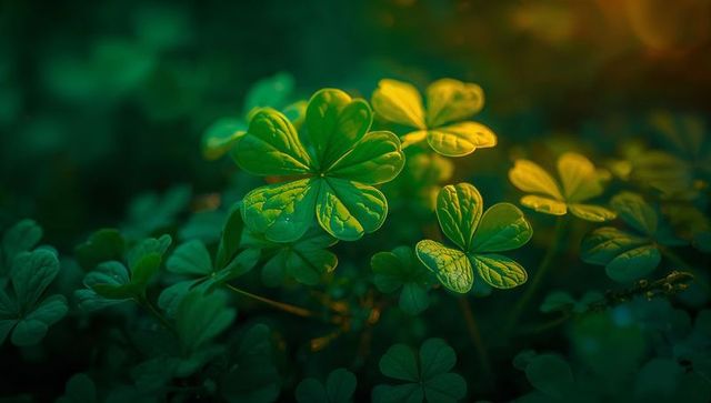 Sunlight illuminating clover leaves with dew, revealing intricate veins and soft bokeh