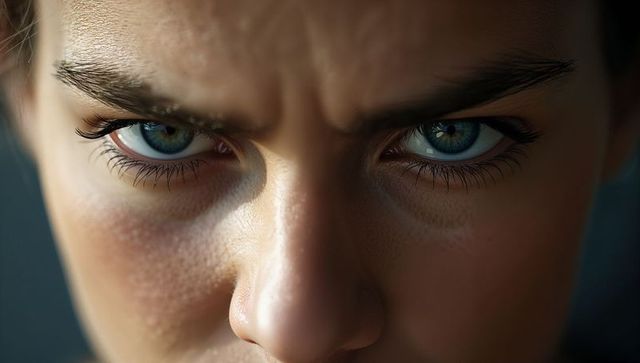 Furrowing brow holding intense gaze close-up with blue-green eyes and visible skin texture