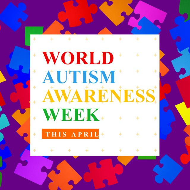 Promoting World Autism Awareness Week, featuring vibrant and colorful puzzle pieces signifying the importance and diversity of the autism community. Ideal for marketing materials, social media campaigns, educational programs, and event promotions raising awareness about autism and fostering inclusivity.