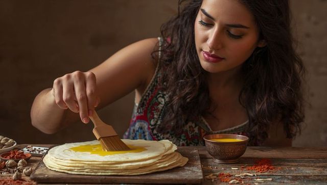 Indian woman brushing ghee on stacked rotis on rustic wooden board, cozy kitchen scene