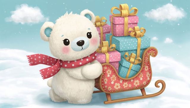 Fluffy white teddy pushing ornate sleigh loaded with wrapped gifts on snowy pastel sky